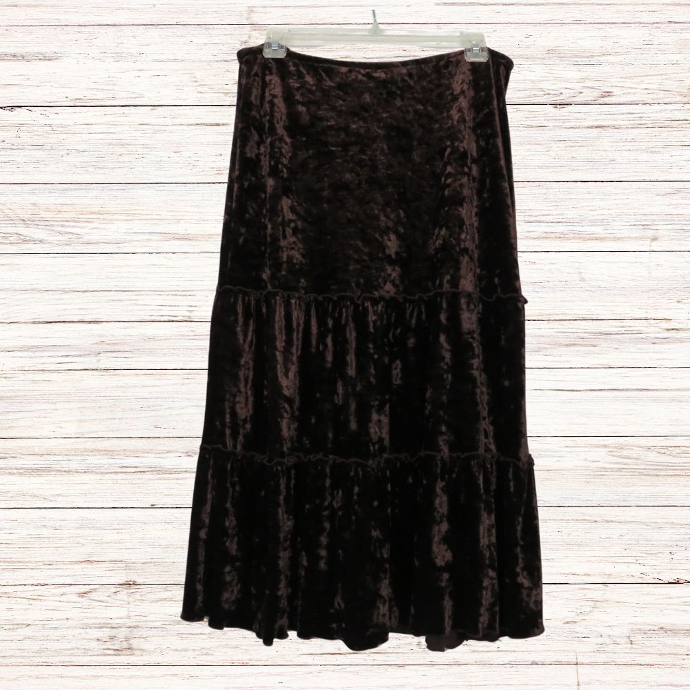Mock Velvet Skirt Women M Brown Mid Calf Tiered Full Skirt Boho - Picture 4 of 8